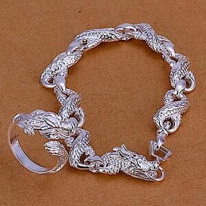 Sterling Silver Dragon Chain Link Bracelet Matching Ring Set